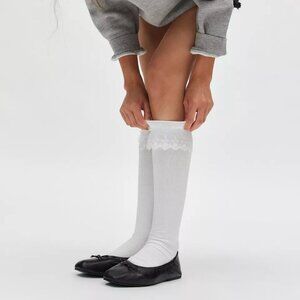 NWT Urban Outfitters Lace Ruffle White Ribbed Knee High Sock